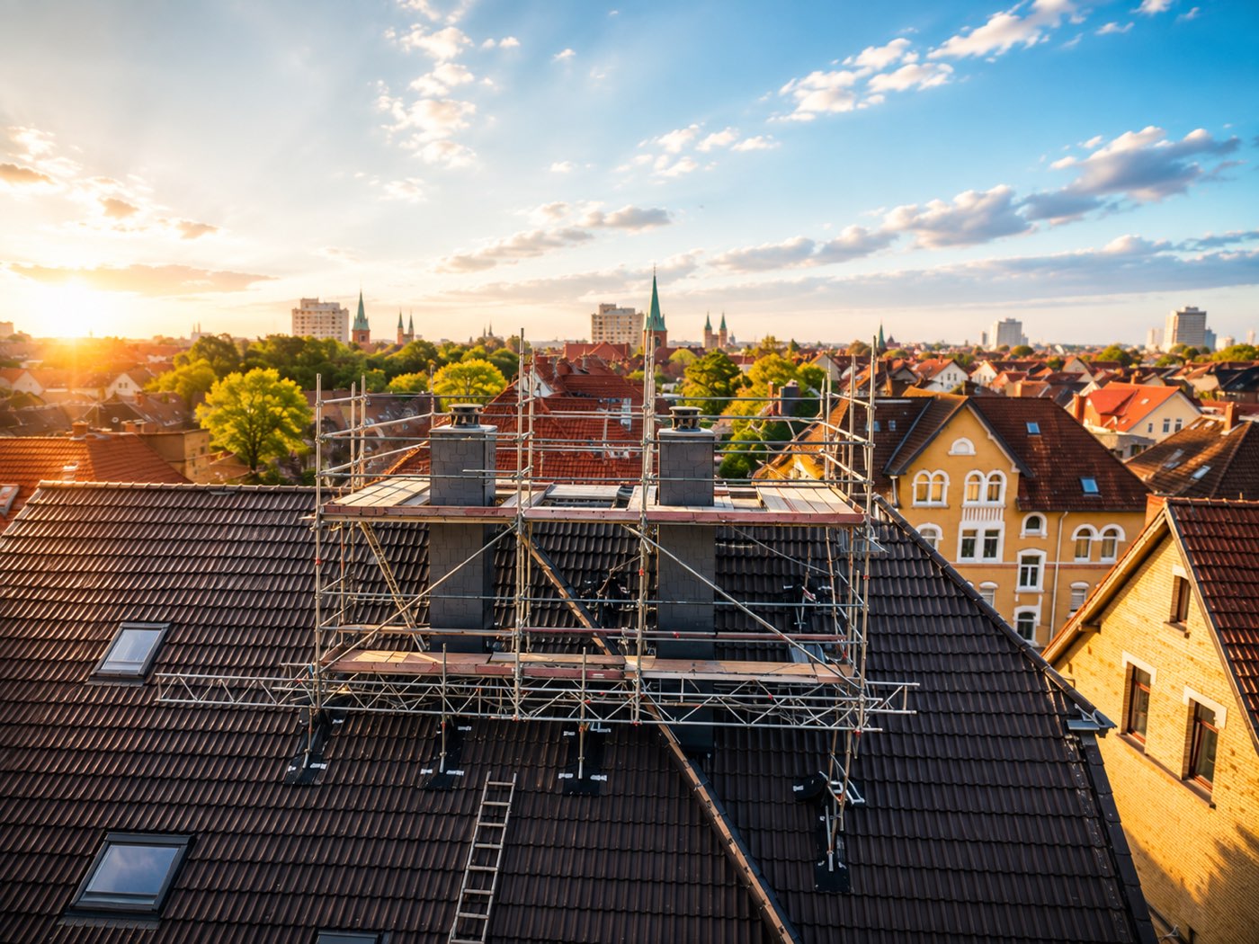 Dachgerüst mit Arbeitsplattformen an zwei Schornsteinen über den Dächern