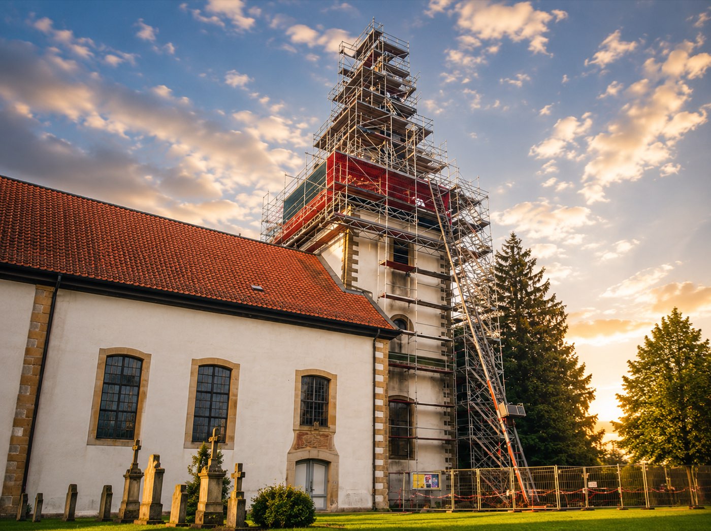 Eingerüsteter Kirchturm mit Bauaufzug im Abendlicht